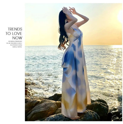 Spaghetti Strap V-Neck Gradient Maxi A-Line Dress