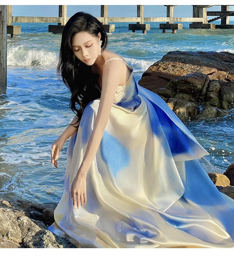 Spaghetti Strap V-Neck Gradient Maxi A-Line Dress