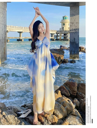 Spaghetti Strap V-Neck Gradient Maxi A-Line Dress