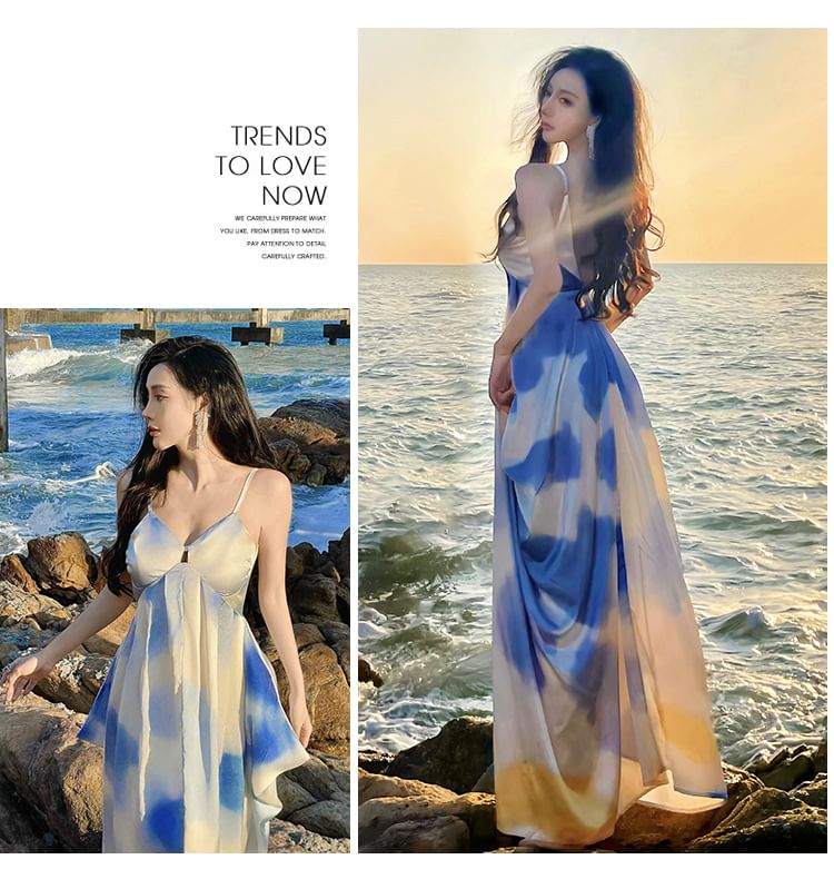 Spaghetti Strap V-Neck Gradient Maxi A-Line Dress