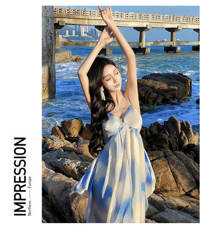 Spaghetti Strap V-Neck Gradient Maxi A-Line Dress