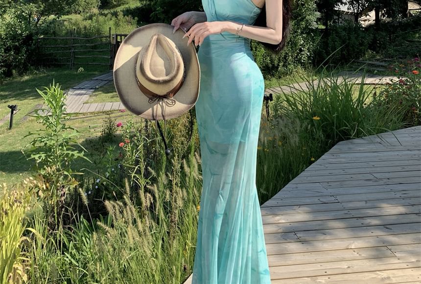 Spaghetti Strap Sweetheart Neck Tie-Dye Maxi Bodycon Dress