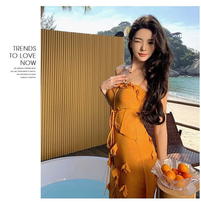 Ruffle Trim Square Neck Spaghetti Strap Bodycon Maxi Dress