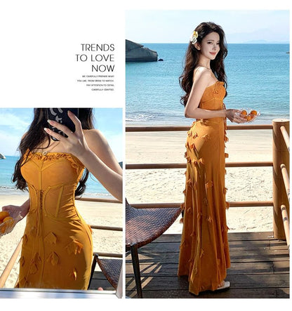 Ruffle Trim Square Neck Spaghetti Strap Bodycon Maxi Dress