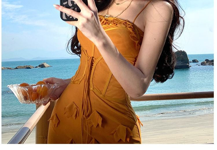 Ruffle Trim Square Neck Spaghetti Strap Bodycon Maxi Dress