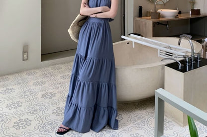 Ruched Halter Sleeveless A-Line Maxi Dress in Solid Color