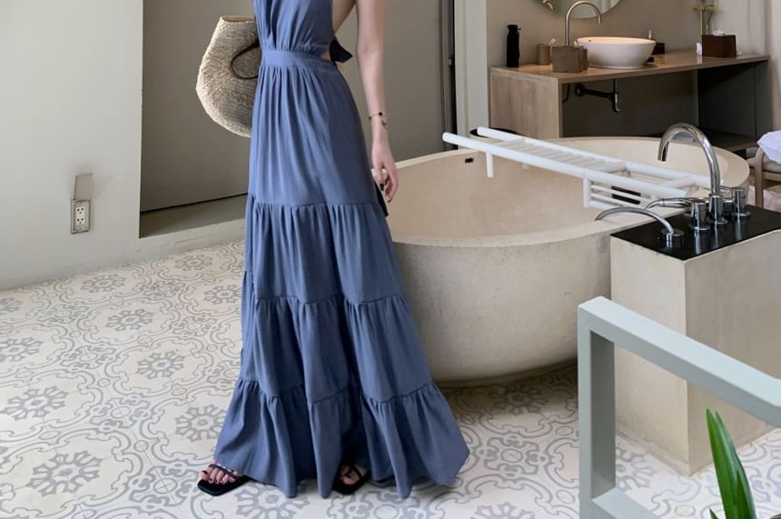 Ruched Halter Sleeveless A-Line Maxi Dress in Solid Color