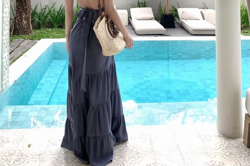 Ruched Halter Sleeveless A-Line Maxi Dress in Solid Color