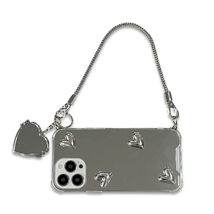 Mirrored Phone Case with Heart Adhesive Decoration / Heart Strap / Set