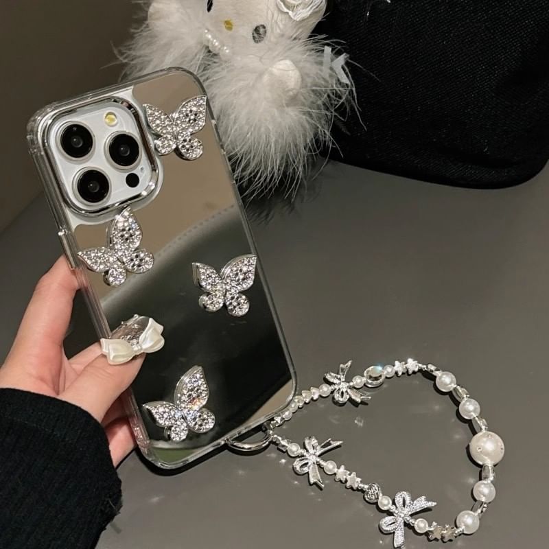 Mirrored Phone Case with Butterfly Adhesive Decoration / Strap / Set
