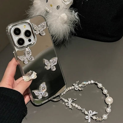Mirrored Phone Case with Butterfly Adhesive Decoration / Strap / Set