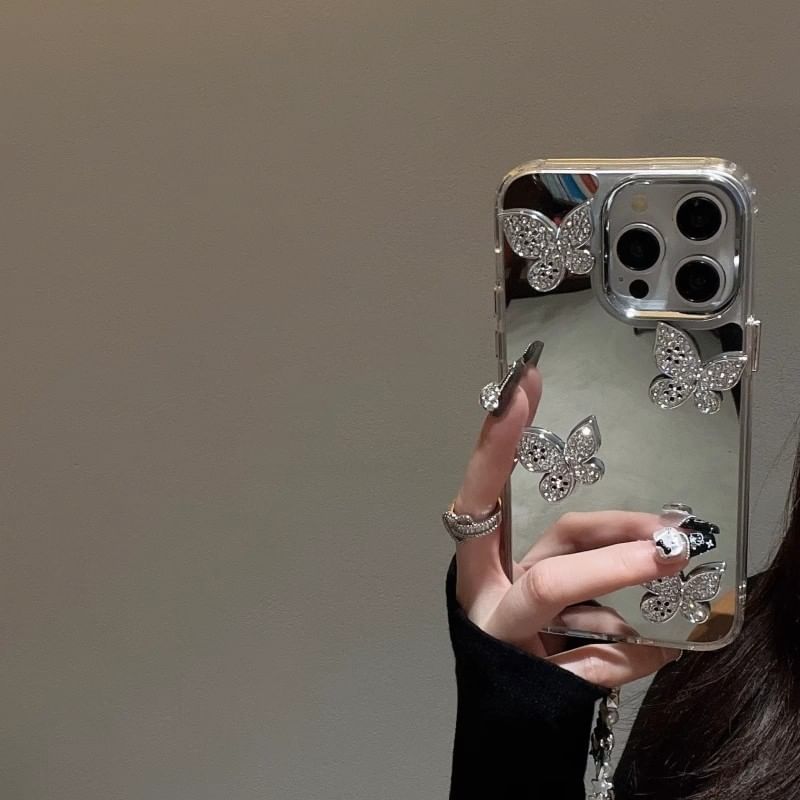 Mirrored Phone Case with Butterfly Adhesive Decoration / Strap / Set
