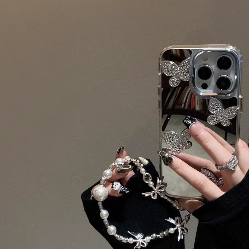 Mirrored Phone Case with Butterfly Adhesive Decoration / Strap / Set