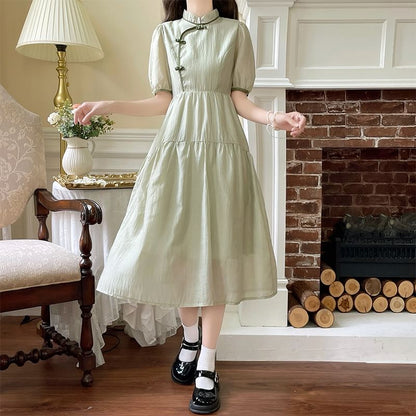 Short-Sleeve Contrast Trim Frog Button Midi A-Line Qipao