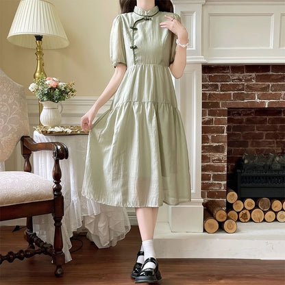 Short-Sleeve Contrast Trim Frog Button Midi A-Line Qipao