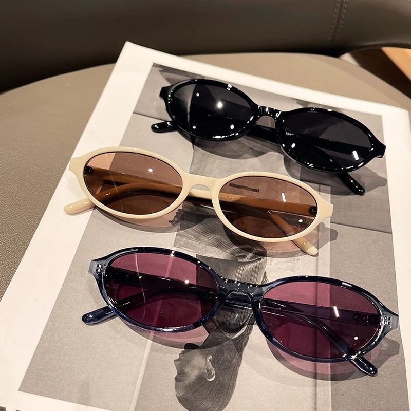 Oval Plastic Frame Sunglasses / Case / Pouch / Cleaning Cloth / Set