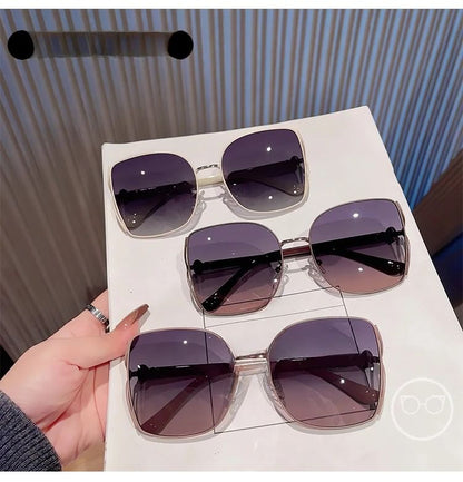 Oversized Square Metal Frame Polished Sunglasses / Case / Pouch / Cleaning Cloth / Set