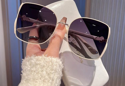 Oversized Square Metal Frame Polished Sunglasses / Case / Pouch / Cleaning Cloth / Set