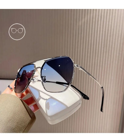 Double Bridge Metal Frame Polished Sunglasses / Case / Pouch / Cleaning Cloth / Set