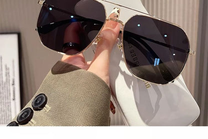 Double Bridge Metal Frame Polished Sunglasses / Case / Pouch / Cleaning Cloth / Set