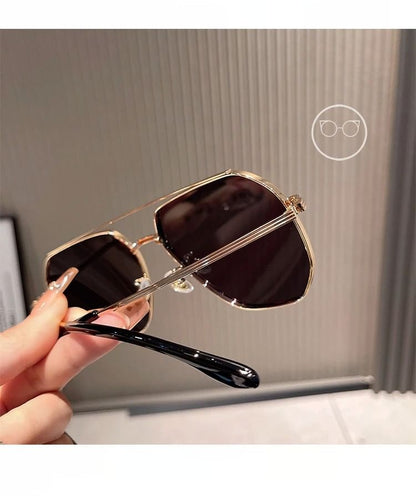 Double Bridge Metal Frame Polished Sunglasses / Case / Pouch / Cleaning Cloth / Set