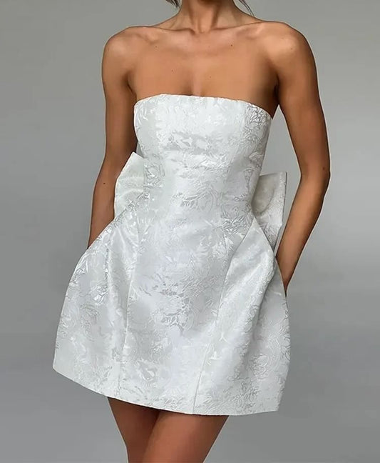 Bow Jacquard Mini A-Line Tube Cocktail Dress