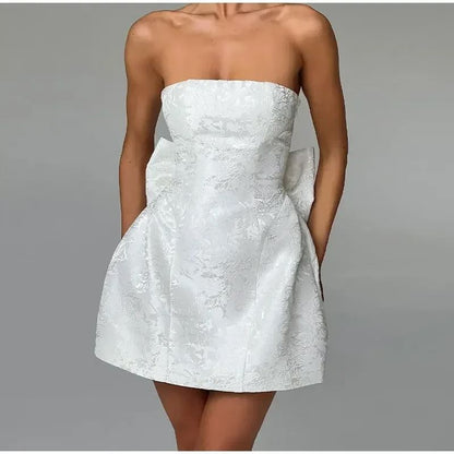 Bow Jacquard Mini A-Line Tube Cocktail Dress