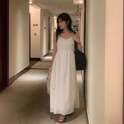 Spaghetti Strap V-Neck Half-Buttoned Midi A-Line Dress