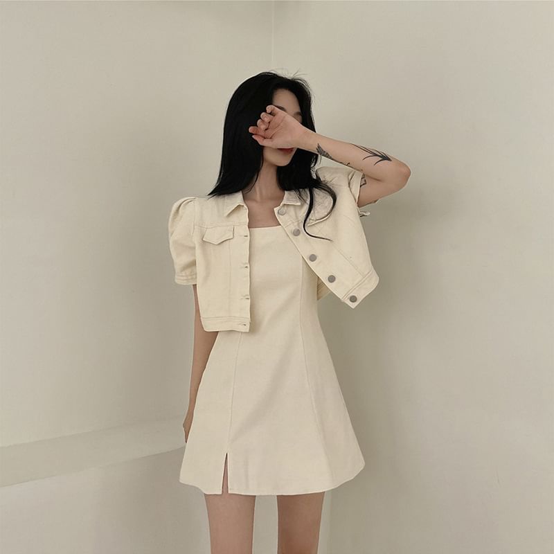Spaghetti Strap Plain Slit Mini A-Line Dress / Short-Sleeve Collared Button-Up Crop Jacket