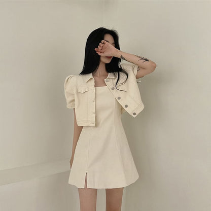 Spaghetti Strap Plain Slit Mini A-Line Dress / Short-Sleeve Collared Button-Up Crop Jacket