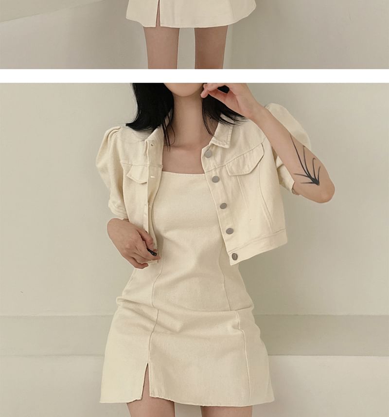 Spaghetti Strap Plain Slit Mini A-Line Dress / Short-Sleeve Collared Button-Up Crop Jacket