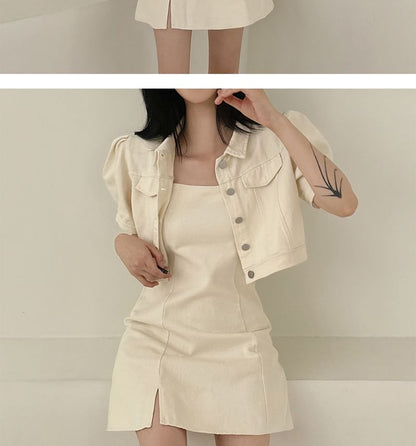 Spaghetti Strap Plain Slit Mini A-Line Dress / Short-Sleeve Collared Button-Up Crop Jacket