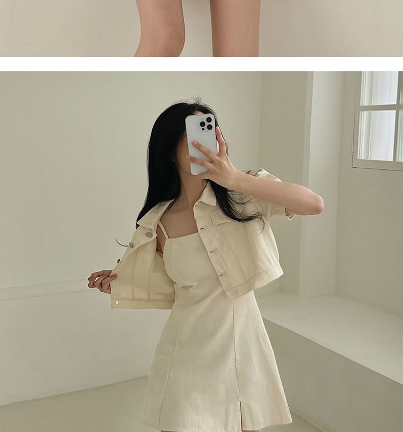 Spaghetti Strap Plain Slit Mini A-Line Dress / Short-Sleeve Collared Button-Up Crop Jacket