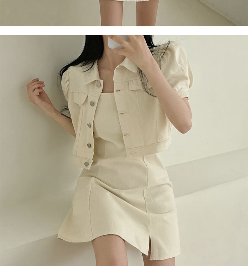 Spaghetti Strap Plain Slit Mini A-Line Dress / Short-Sleeve Collared Button-Up Crop Jacket