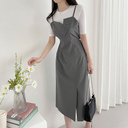 Spaghetti Strap Asymmetrical Neck Plain Midi A-Line Dress