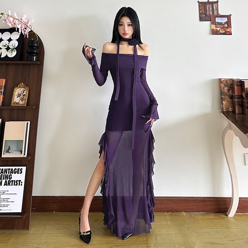 Off-Shoulder Maxi Dress with Long Sleeves, Sheer Ruffle Trim