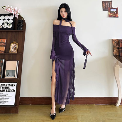Off-Shoulder Maxi Dress with Long Sleeves, Sheer Ruffle Trim
