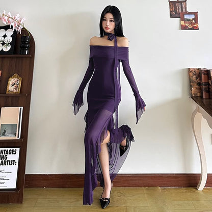 Off-Shoulder Maxi Dress with Long Sleeves, Sheer Ruffle Trim