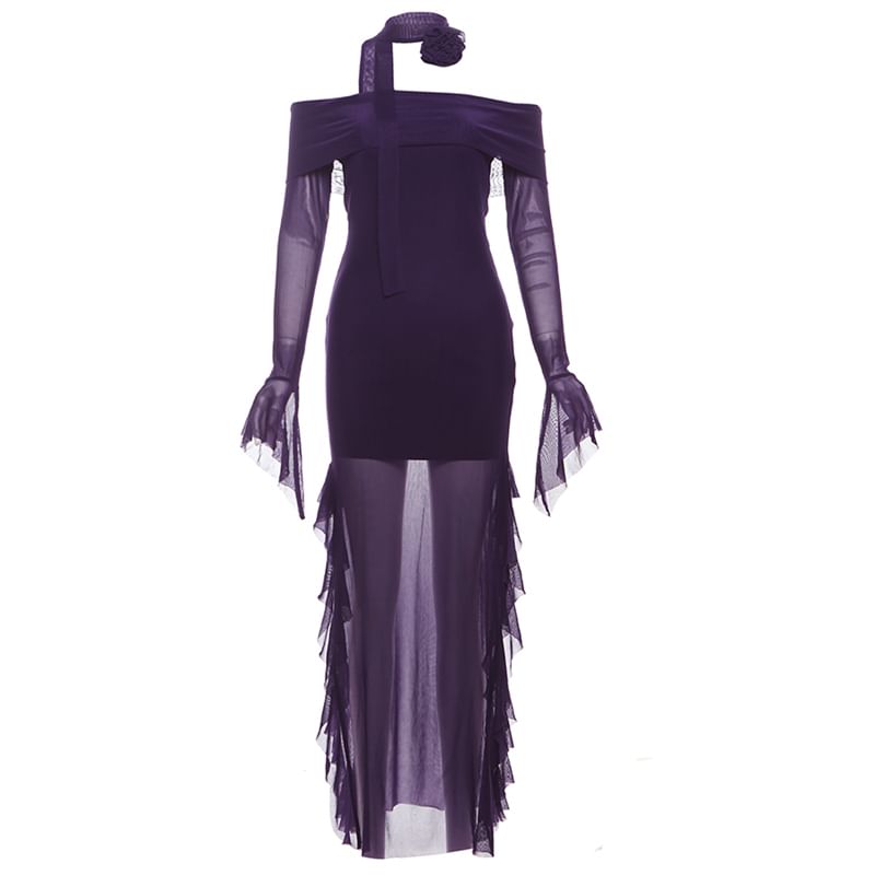 Off-Shoulder Maxi Dress with Long Sleeves, Sheer Ruffle Trim