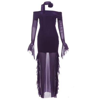 Off-Shoulder Maxi Dress with Long Sleeves, Sheer Ruffle Trim