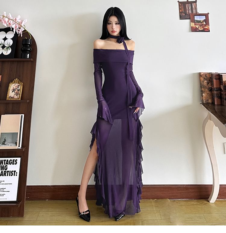 Off-Shoulder Maxi Dress with Long Sleeves, Sheer Ruffle Trim