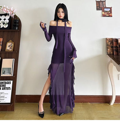 Off-Shoulder Maxi Dress with Long Sleeves, Sheer Ruffle Trim