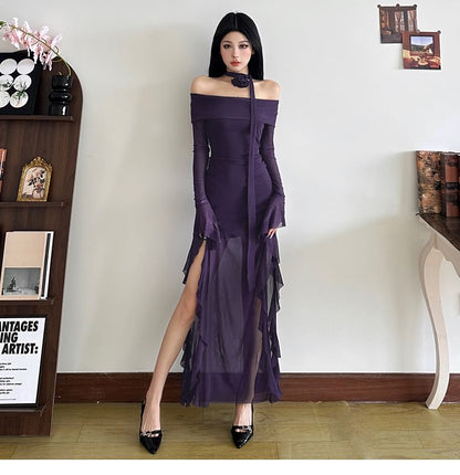 Off-Shoulder Maxi Dress with Long Sleeves, Sheer Ruffle Trim