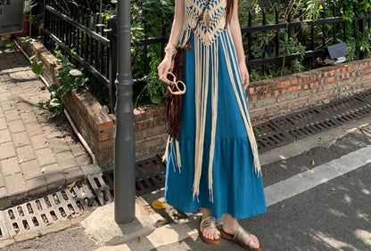 Spaghetti Strap A-Line Maxi Dress, Fringed Camisole Top