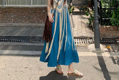 Spaghetti Strap A-Line Maxi Dress, Fringed Camisole Top