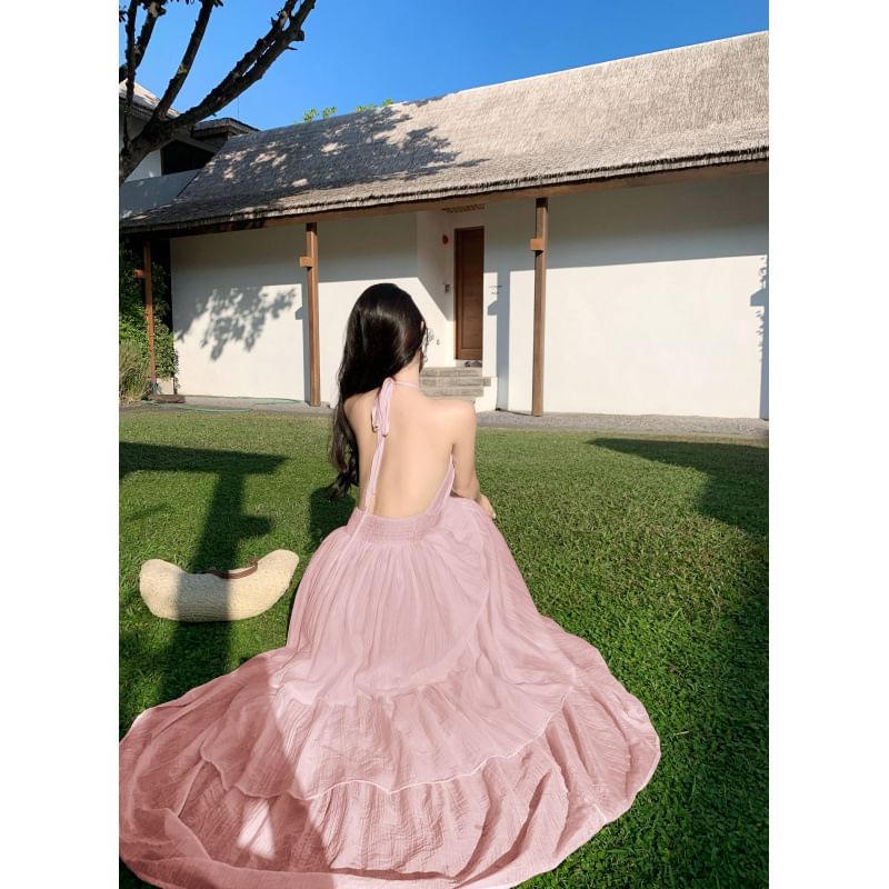 Tiered Plunge Halter V-Neck Open Back A-Line Maxi Dress