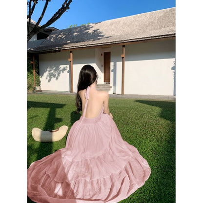 Tiered Plunge Halter V-Neck Open Back A-Line Maxi Dress