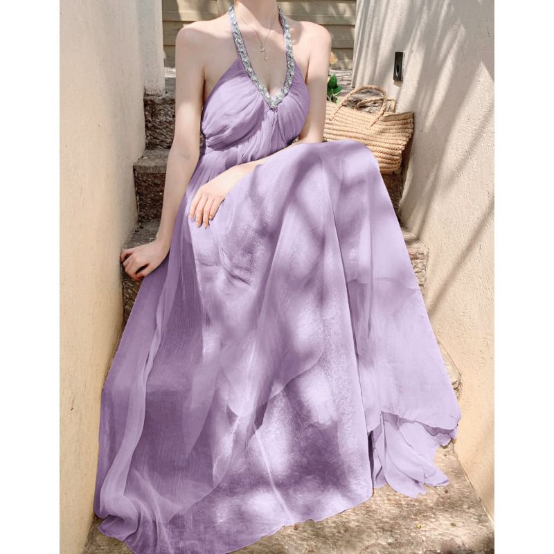 Rhinestone Accent Halter V-Neck Open Back A-Line Maxi Dress