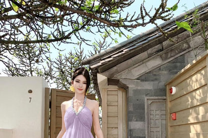 Rhinestone Accent Halter V-Neck Open Back A-Line Maxi Dress