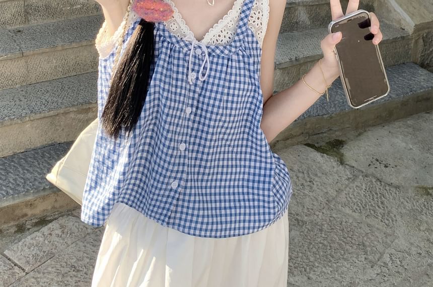 Gingham Button-Up Camisole Sleeveless Lace Trim Maxi Sundress